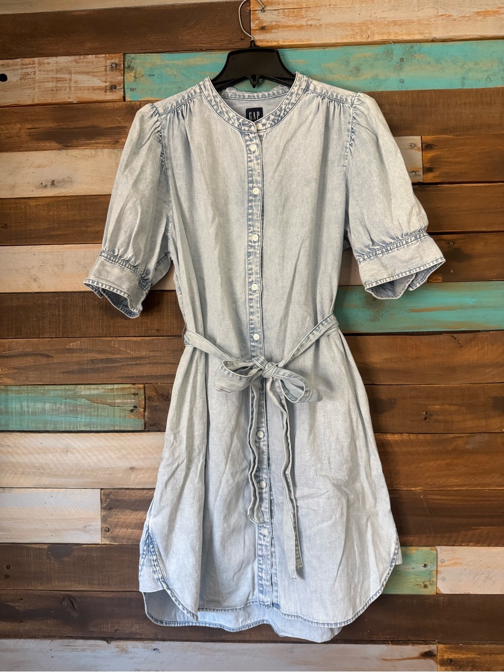 Gap Puff Sleeve Denim Shirtdress Light Wash Blue Belted Mini Boho | Size L